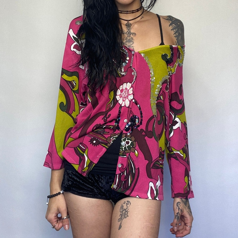 Y2K Avalon Pink Psychedelic Swirl Print Boho Mod Beaded Sequin Cardigan XL